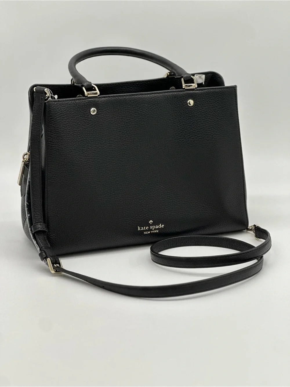 kate spade Black Pebbled Leather Structured Satchel with Gold Hardware